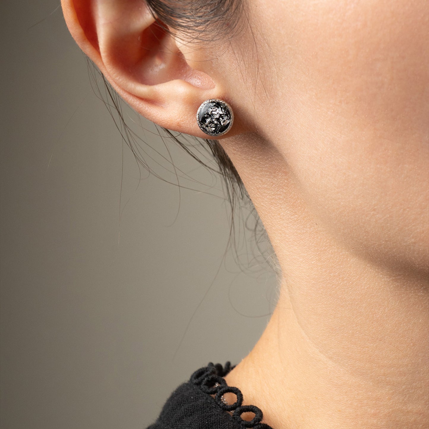 Round Black and Silver Stud Earrings