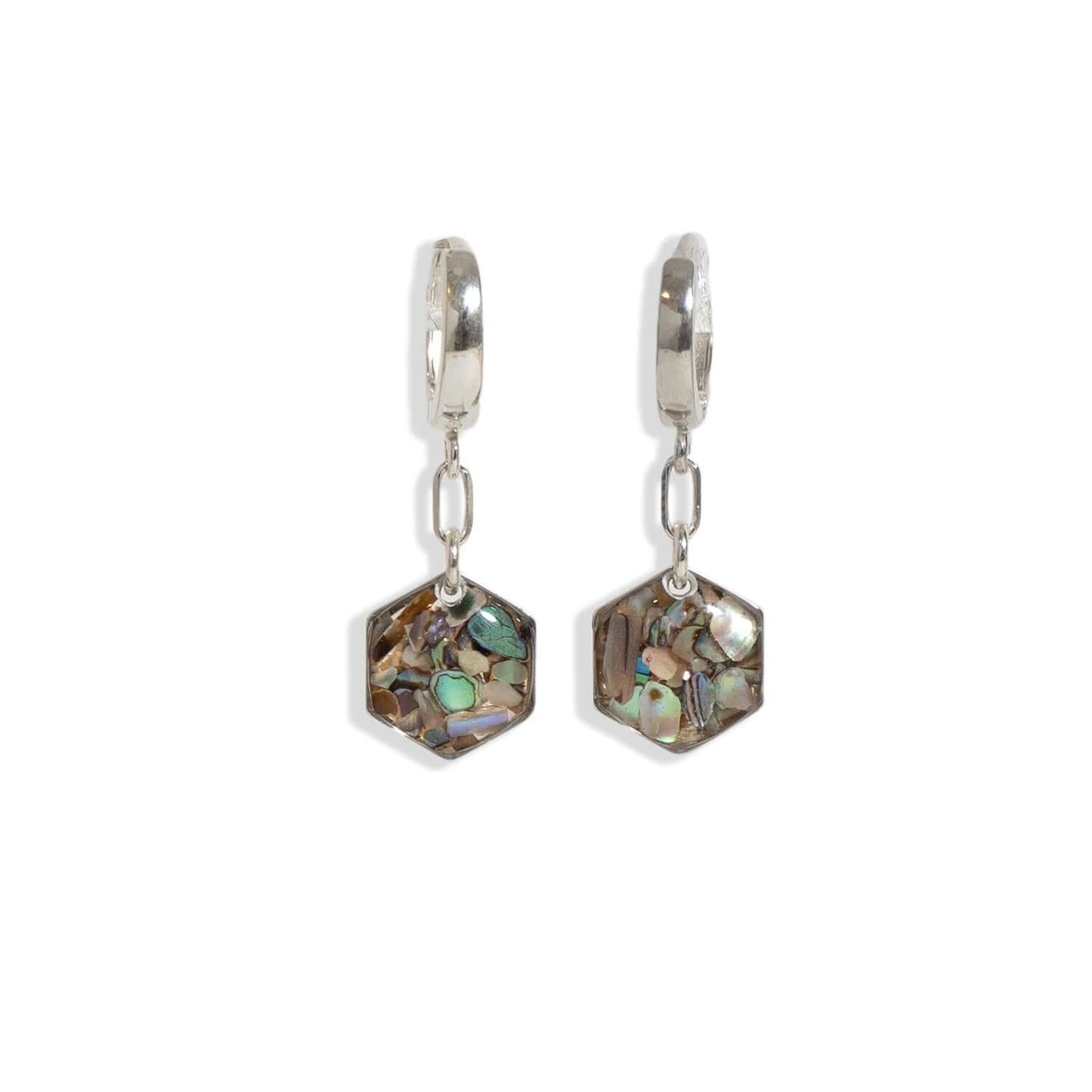 Hexagon Abalone Dangling Earrings in Silver