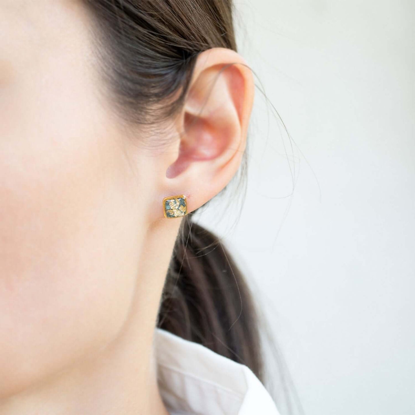 Earrings have green background with gold leaf inside. Casual, work, date, wedding- you got it covered.