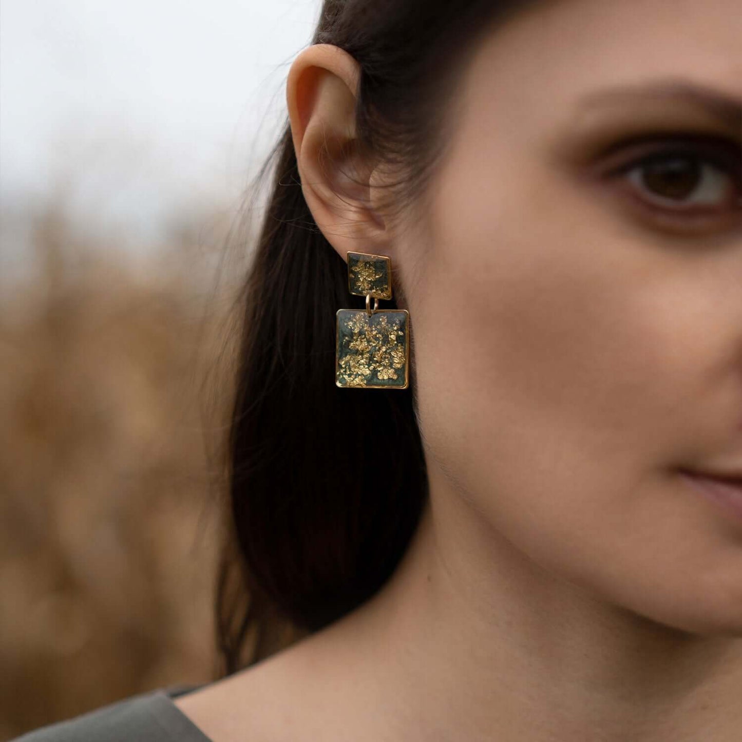 Statement Square Green Gold Earrings