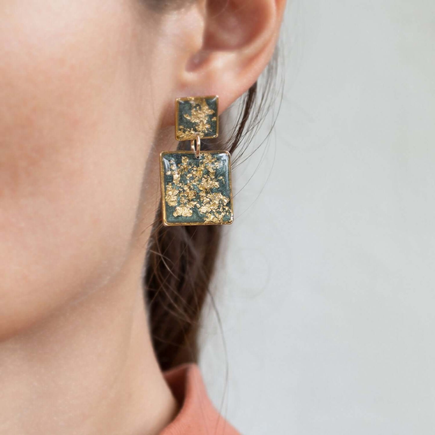 Statement Square Green Gold Earrings