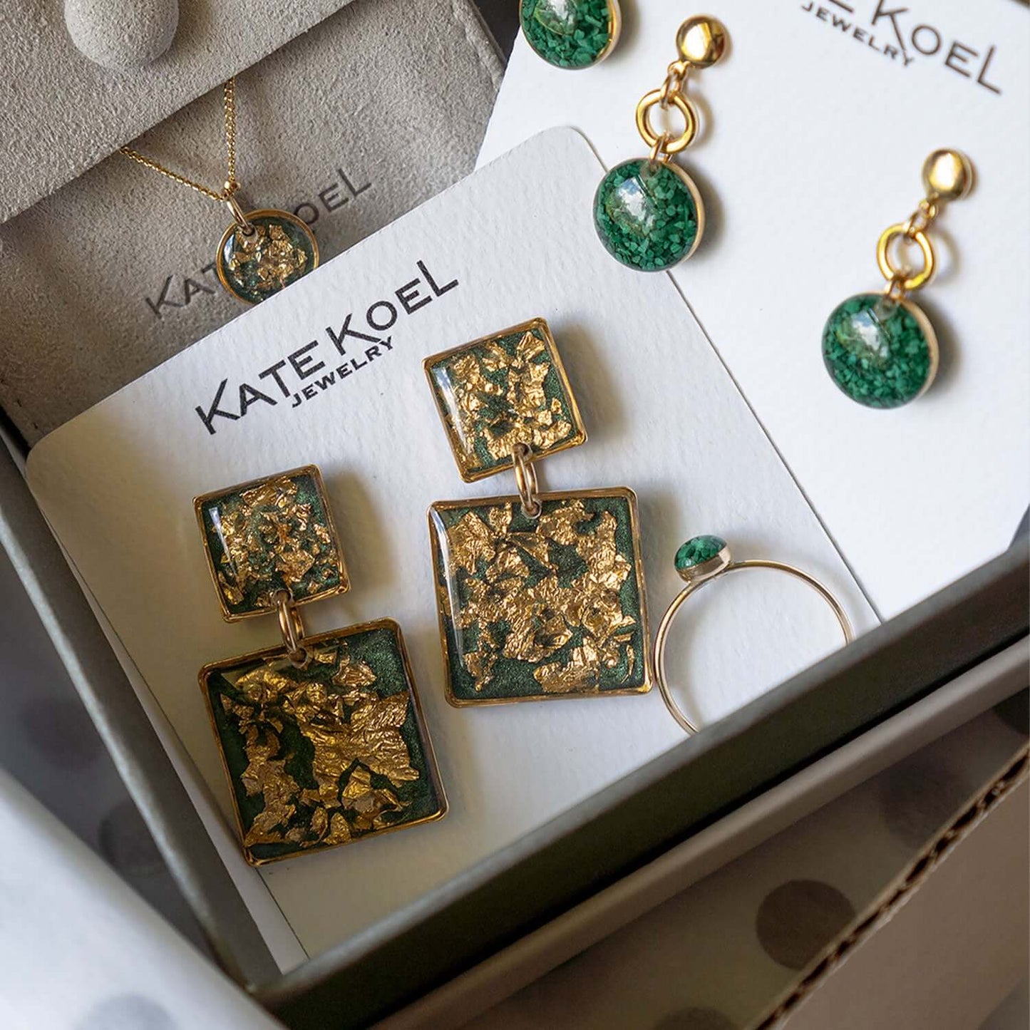Statement Square Green Gold Earrings