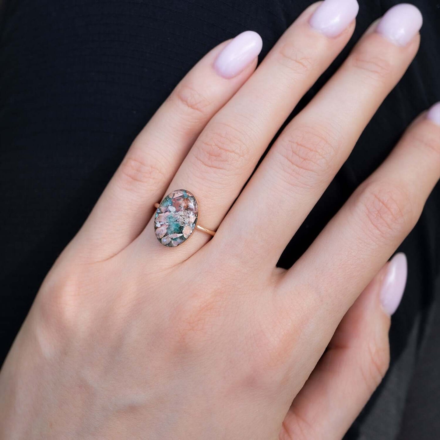 Statement Oval ring with mixed crushed stones set in 14k gold filled