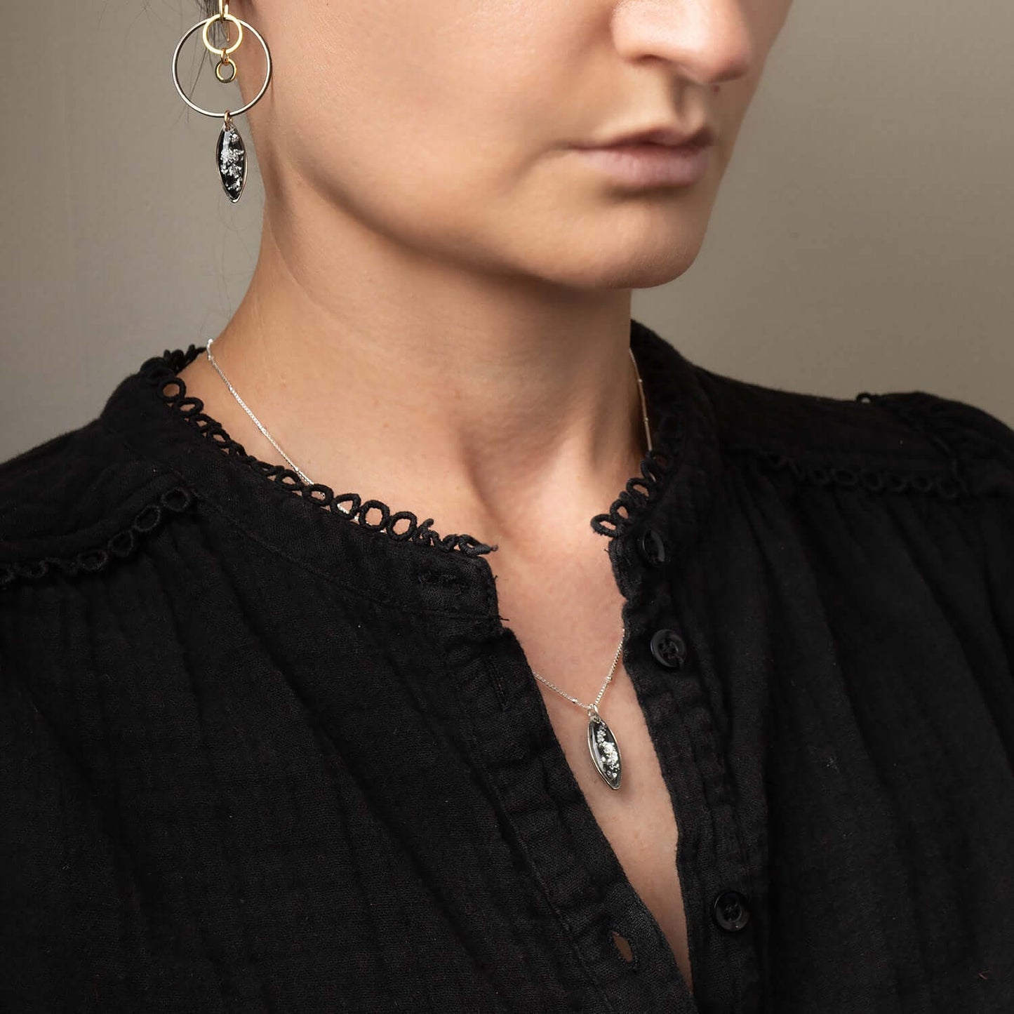 Oval Black and Silver Foils Necklace