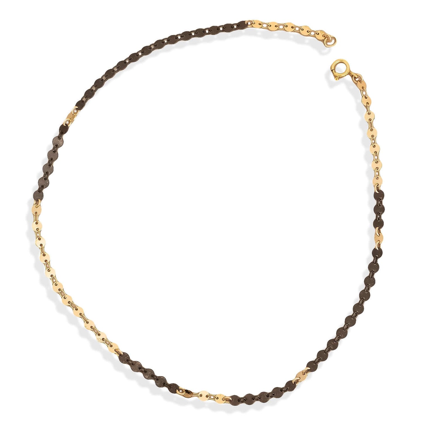 Necklace with alternating brown and gold beads on a white background