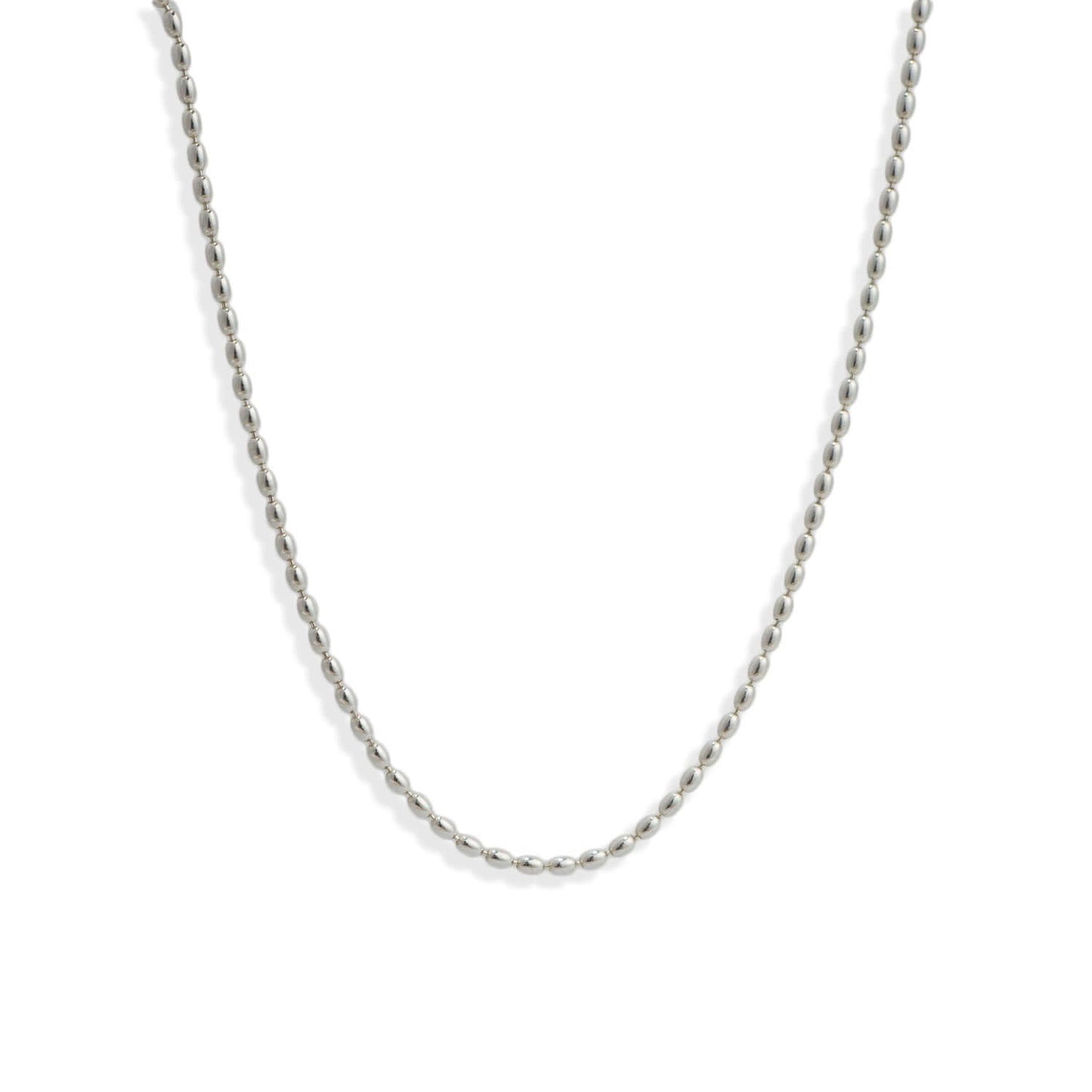 A sterling silver oval bead necklace with a length of 16 or 18 inches, displayed against a white background.