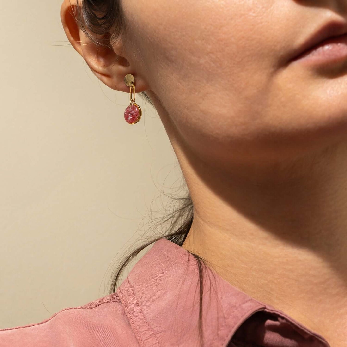Rose Pink Tiny Round Dandle Earrings