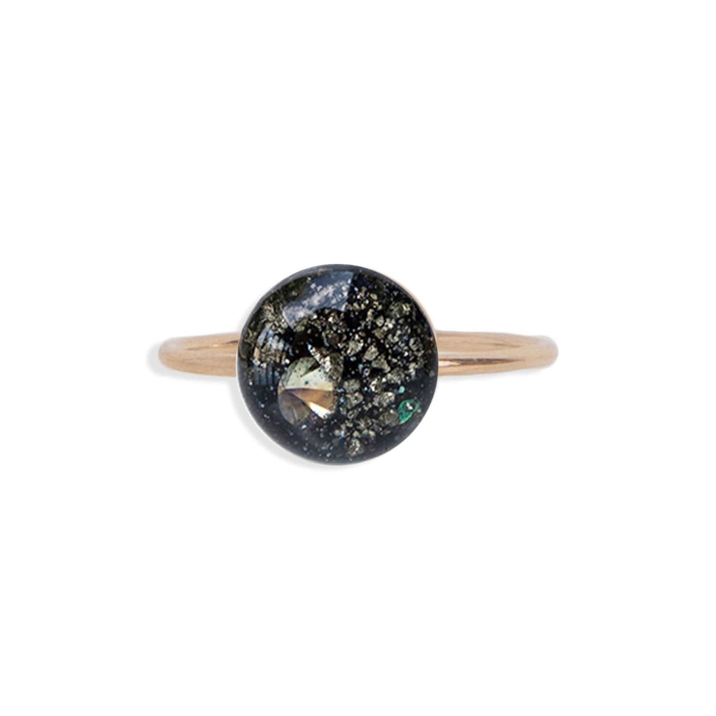 Perfect for every day Galaxy ring with crushed stones is inspired by the pure and authentic energy of the universe — hypnotizing night-sky beauty that sets the mind free to discover all mysteries of the soul. This ring features glass-like crystal with crushed Pyrite stone, Swarovski crystals and pigments inside.