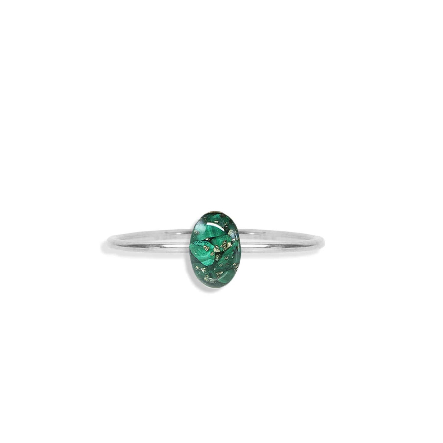 Tiny Delicate green oval ring with tiny Malachite stone pieces captured in glass like resin in three crystal sizes.