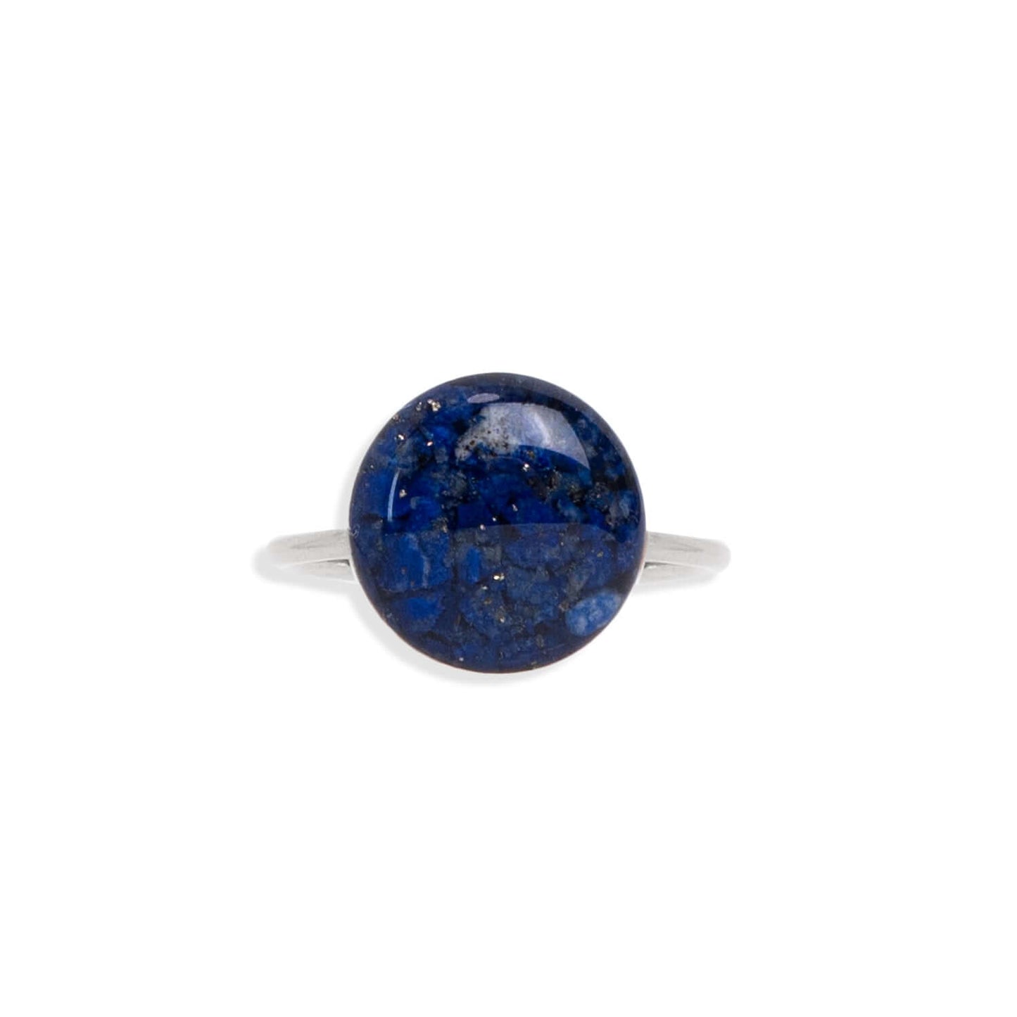 Deep navy blue statement adorable rings with tiny real Lapis Lazuli stone pieces captured in glass like resin in a 12mm round shape.