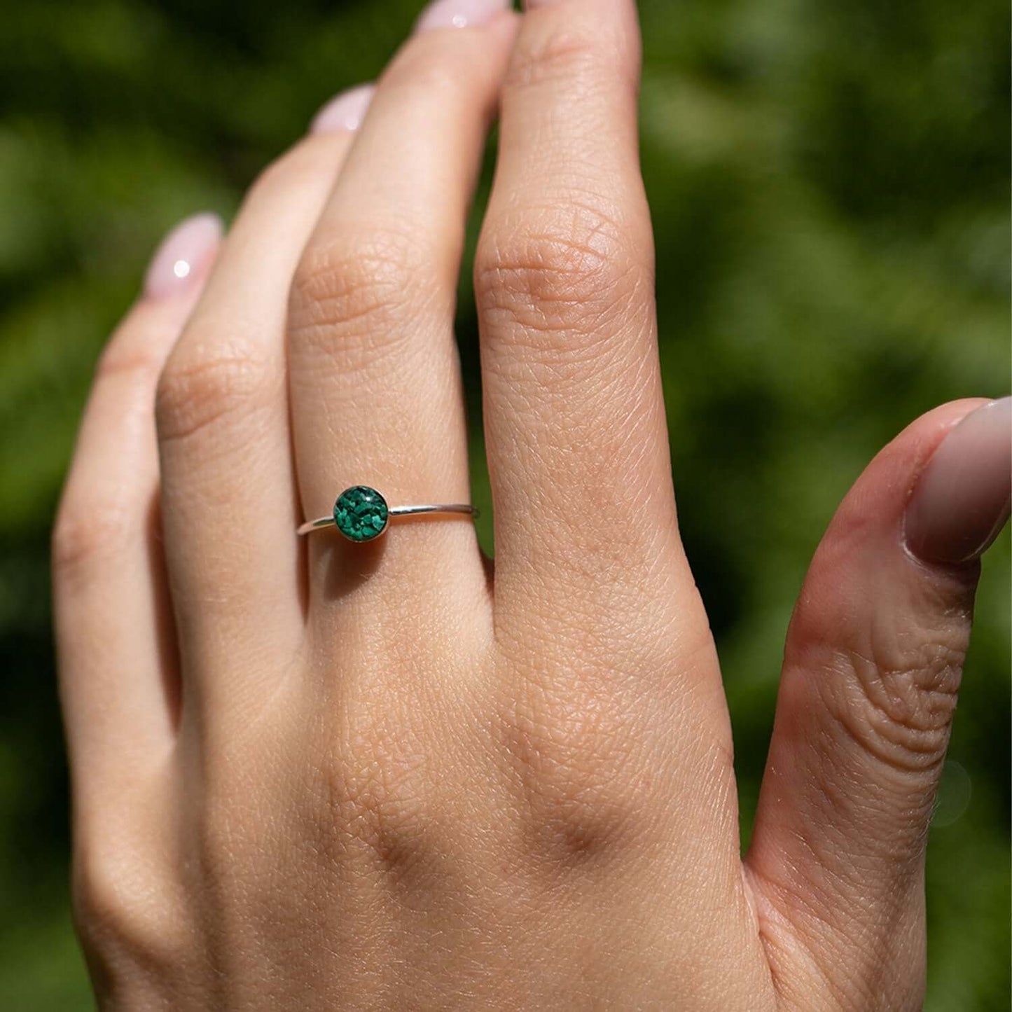 Delicate green ring with tiny Malachite stone pieces is a bright color pop.