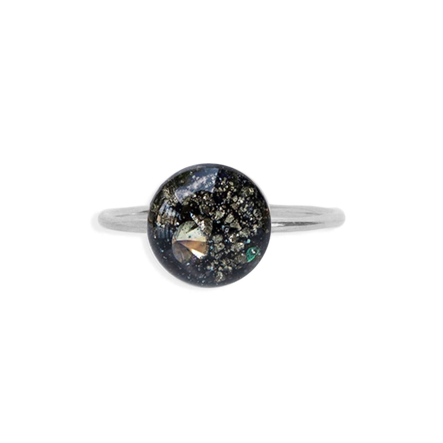 Perfect for every day Galaxy ring with crushed stones is inspired by the pure and authentic energy of the universe — hypnotizing night-sky beauty that sets the mind free to discover all mysteries of the soul. This ring features glass-like crystal with crushed Pyrite stone, Swarovski crystals and pigments inside.