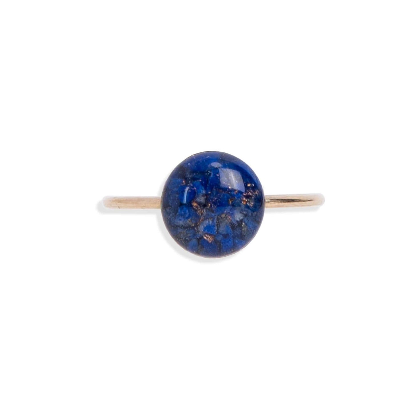 Dainty adorable rings with tiny real Lapis Lazuli stone pieces captured in glass like resin in a 8mm round shape.