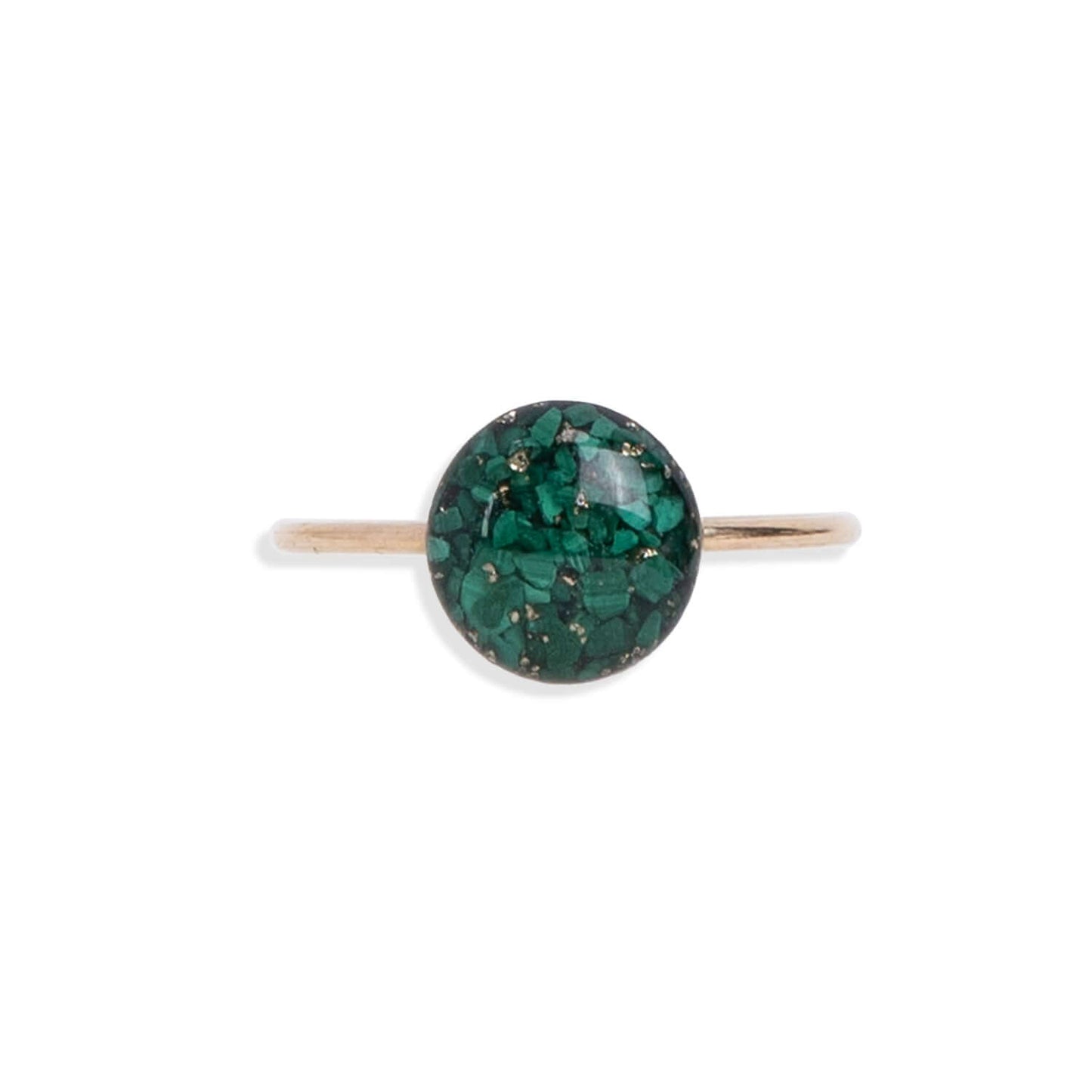 Delicate green ring with tiny Malachite stone pieces captured in glass like resin in a 8mm round shape. Bright natural green ring is a perfect compliment to your everyday style.