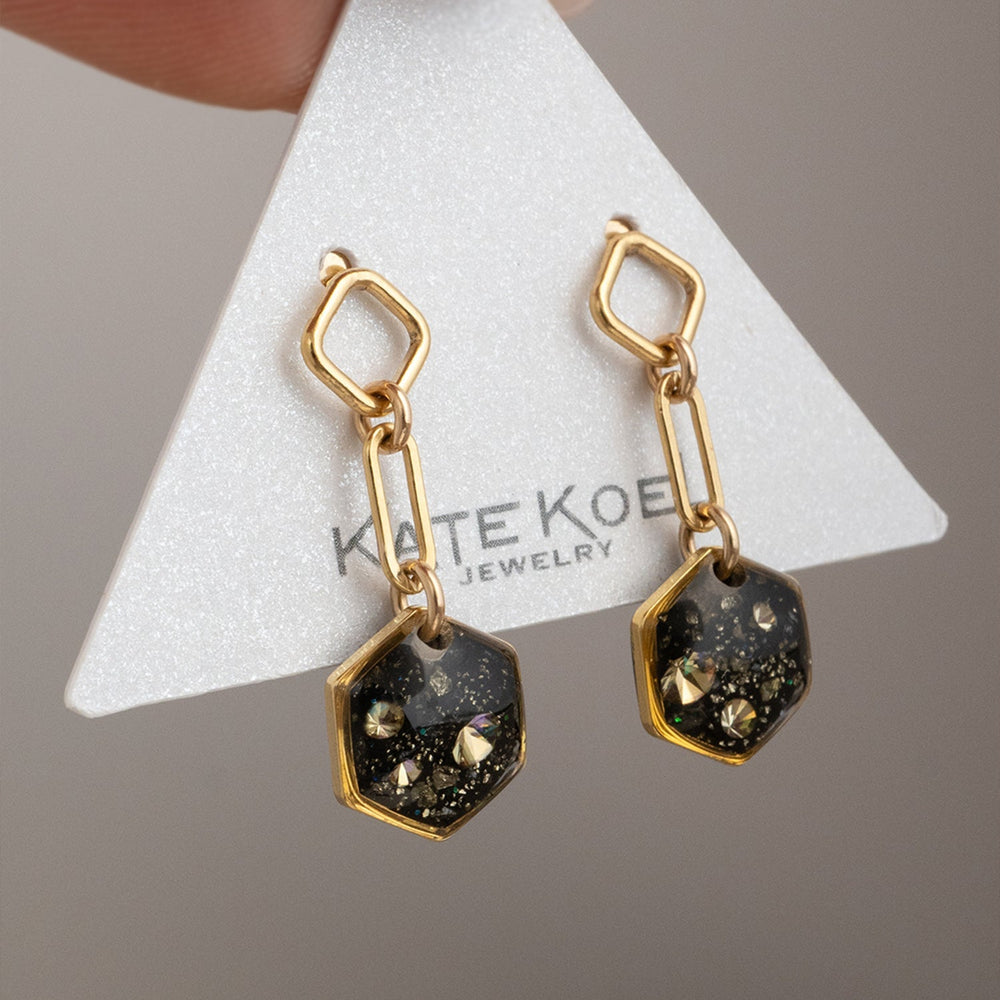 Dangling Hexagon galaxy earrings hand made by Kate Koel Jewelry
