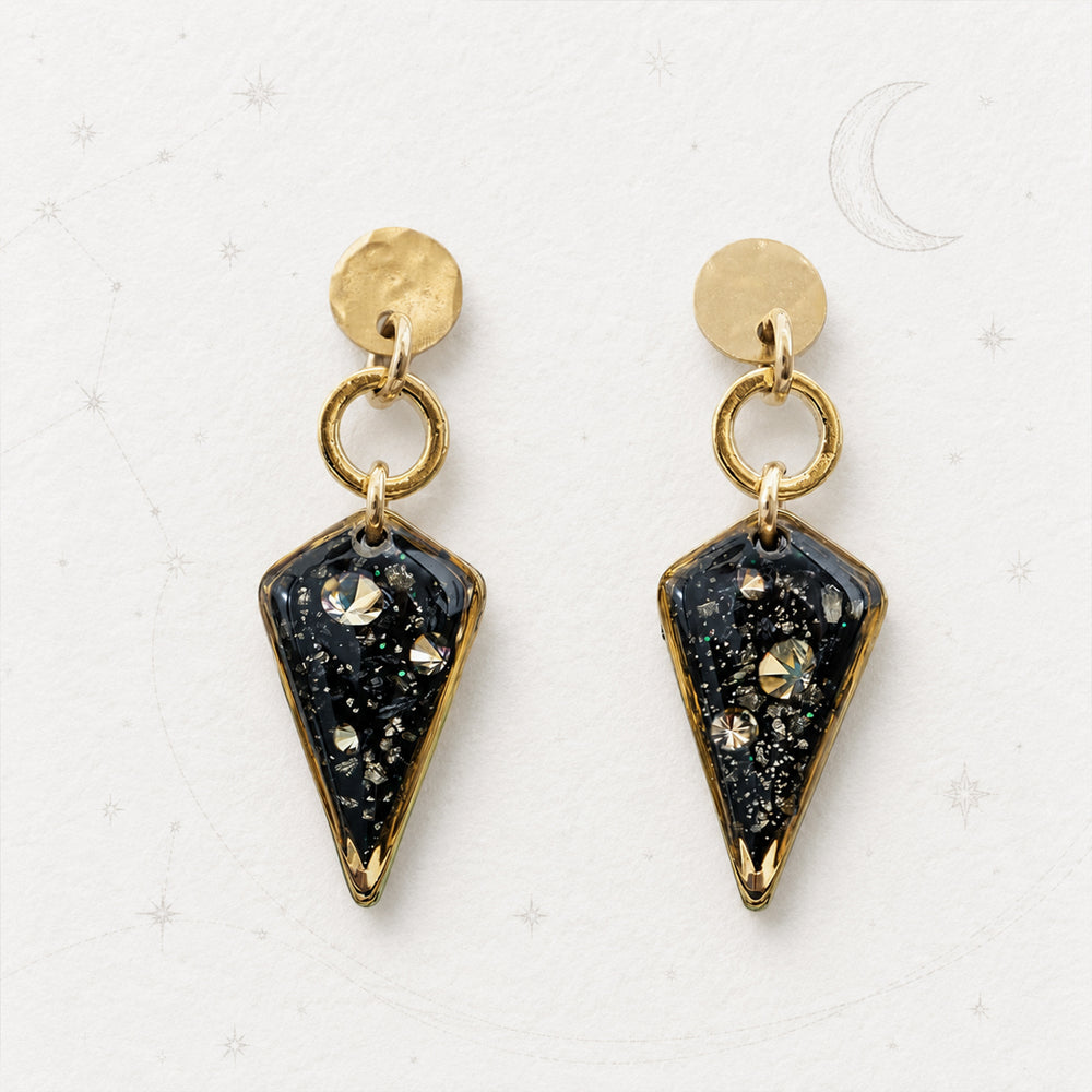 A pair of gold-tone dangle earrings with round hammered studs, circular jump rings, and pointed triangular resin pendants filled with black glitter and iridescent flecks, shown on a light gray background.