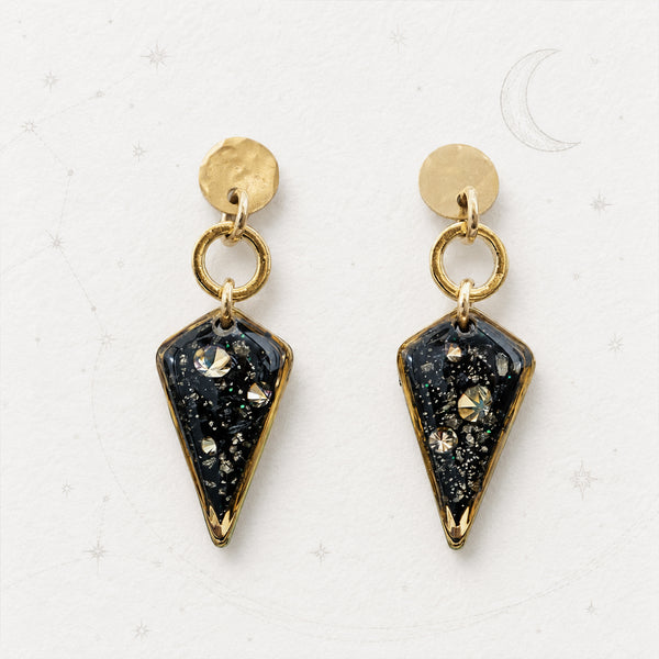 A pair of gold-toned dangle earrings with circular studs and triangular pendant charms filled with black glitter and small clear stones, displayed on a light textured background.