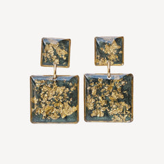 Green gold statement square earrings with abstract gold leaf