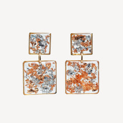 Clear statement square earrings with suspended silver and rose gold leaf