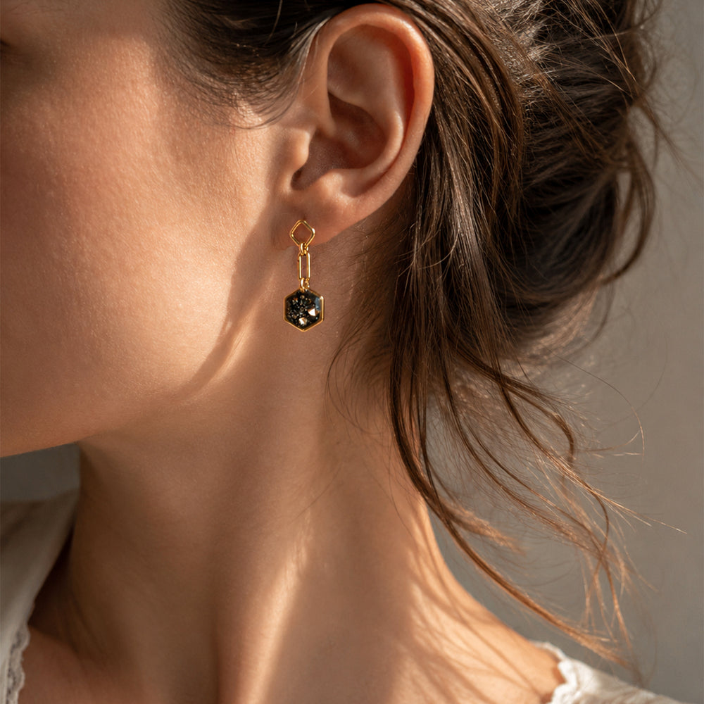 Gold and black hexagonal earrings on a white background