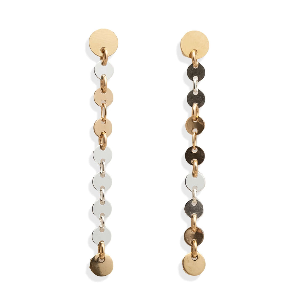 
                      
                        Pair of dangling earrings with gold, white, and brown disc beads on a white background
                      
                    