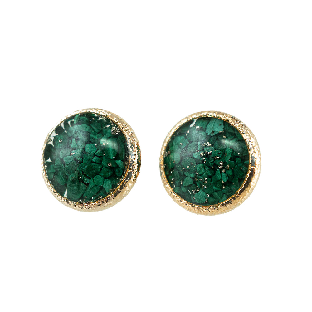 
                  
                    Round Green Stud Earrings with crushed Malachite and Pyrite stones inside.
                  
                