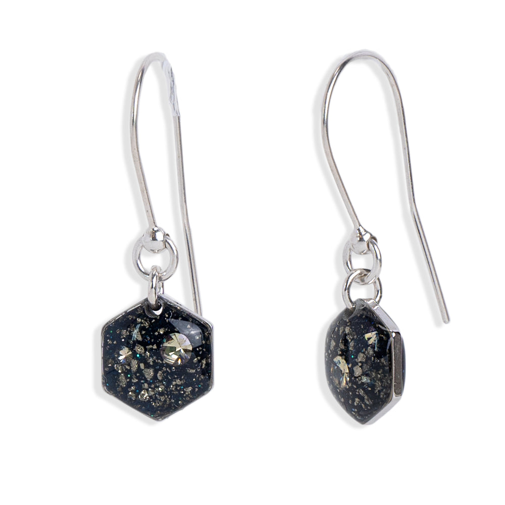 Small Dangling Hexagon Galaxy Earrings in Silver