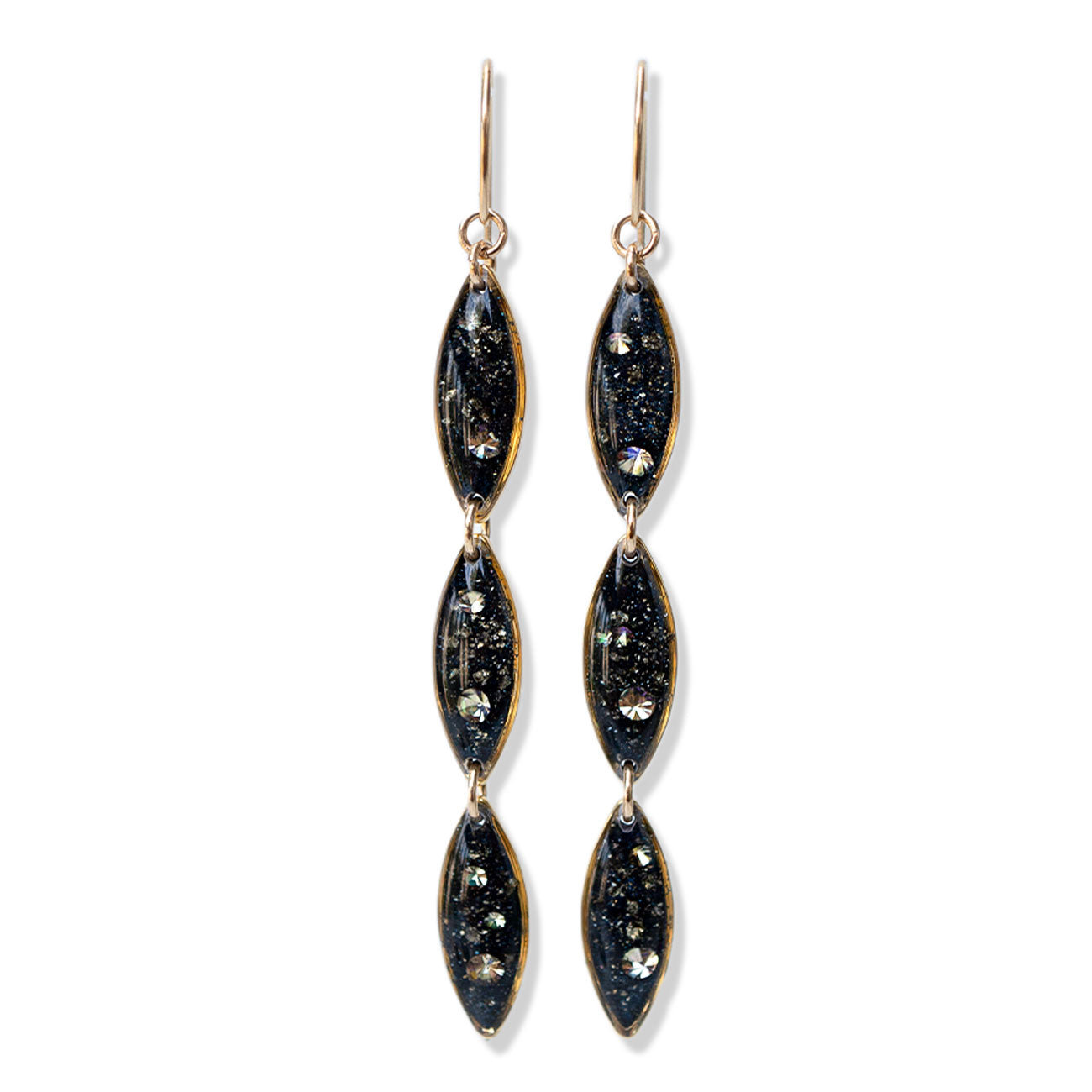 Oval Dangling Galaxy Earrings with crushed stones and Swarovski crystals, long dangling statement earrings.