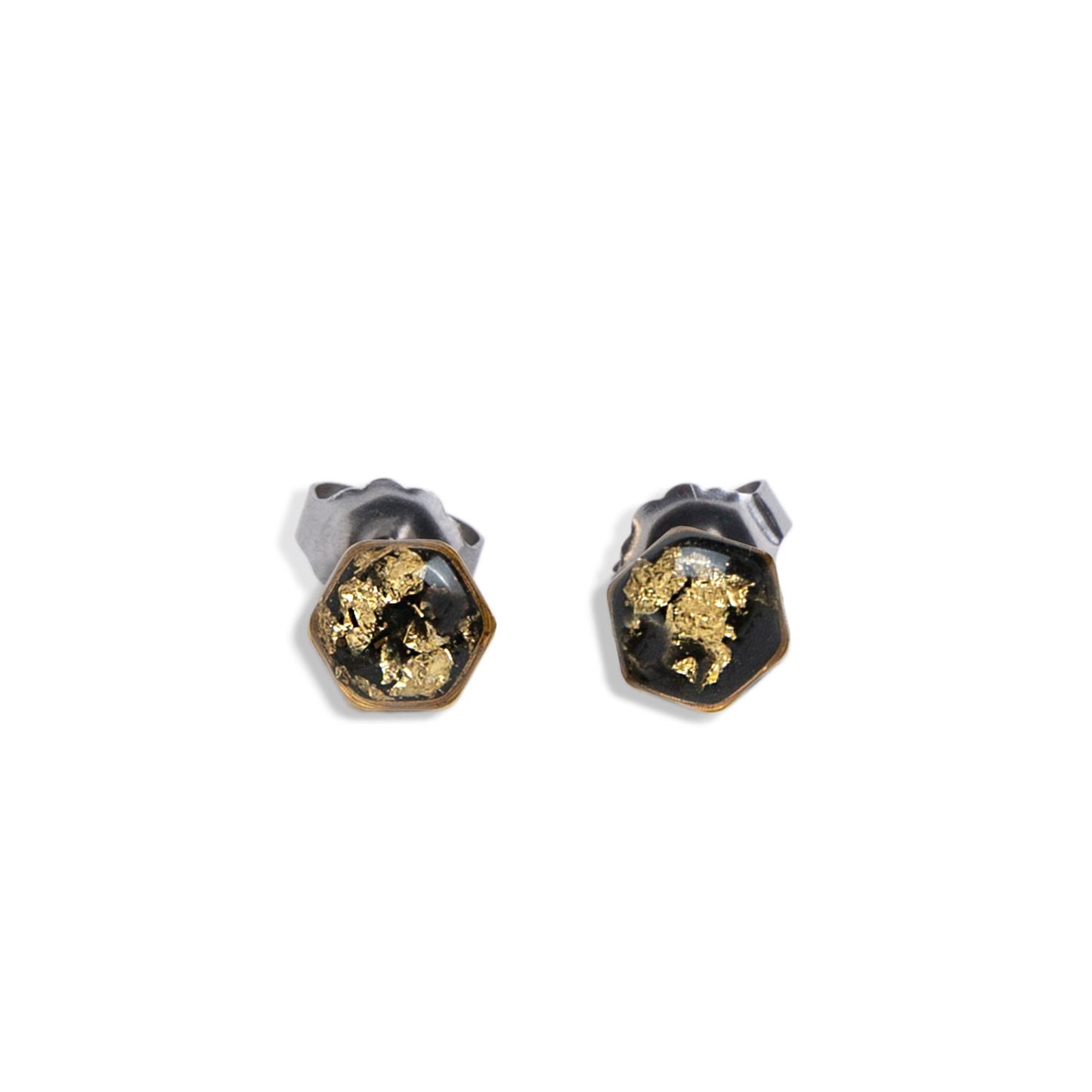 Small Hexagon Black and gold Earrings