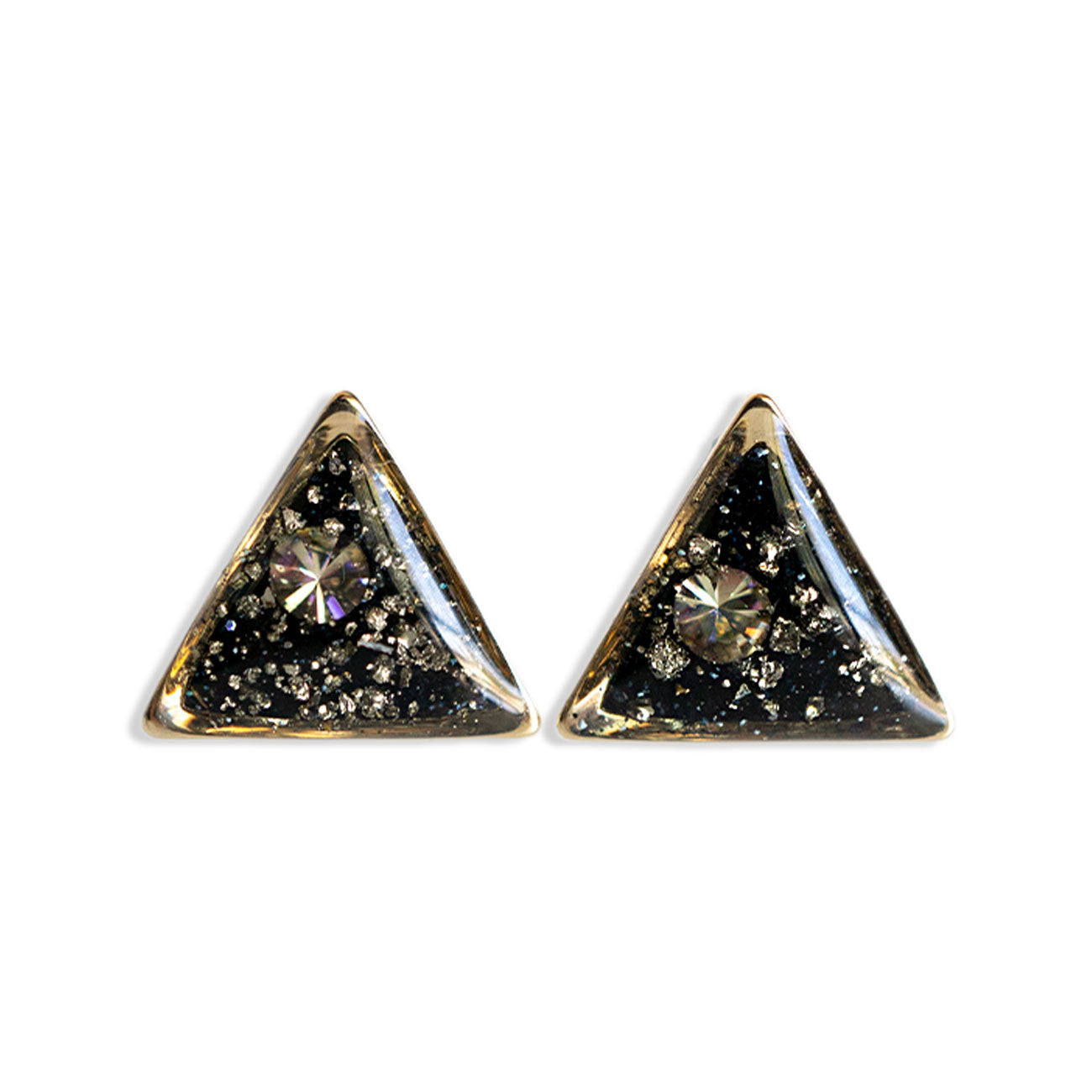 Galaxy triandle stud earrings with crushed shimmering pyrite stones and Swarovski crystals.