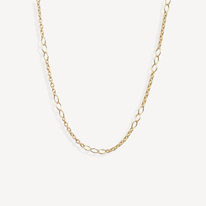 A delicate gold chain necklace with elongated oval links, displayed in a curved shape against a clean, off-white background.