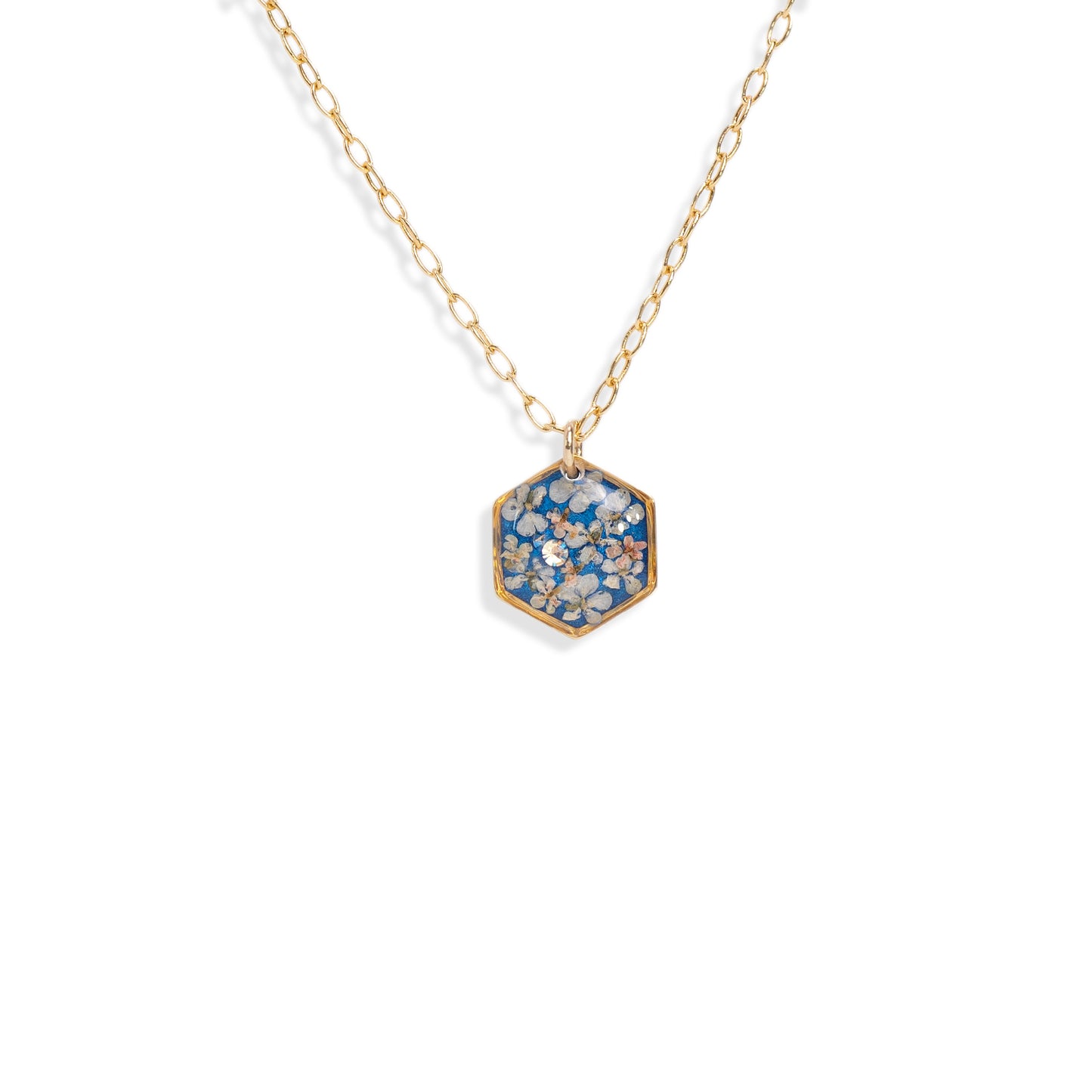 Delicate Hexagon Flower Blue Necklace