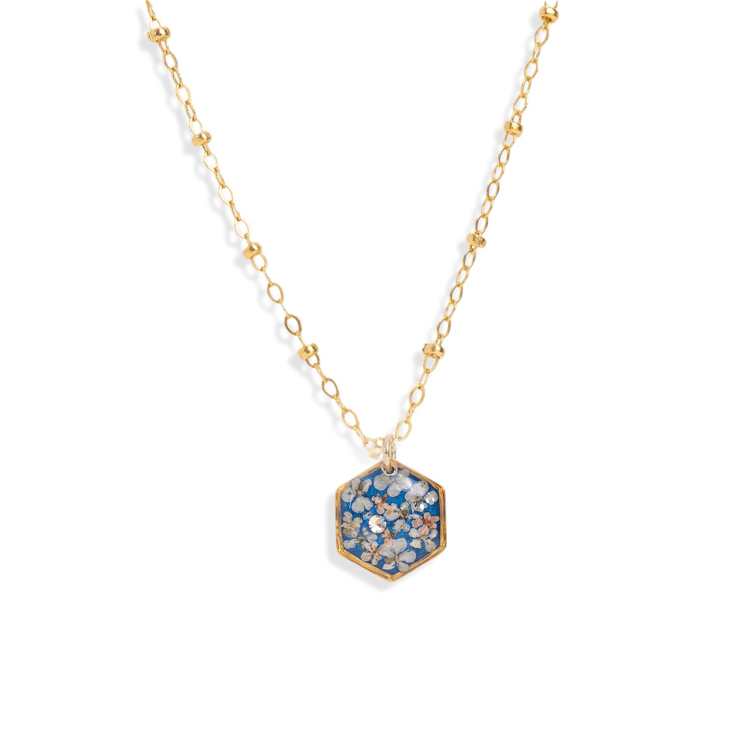 
                  
                    Delicate Hexagon Flower Blue Necklace
                  
                