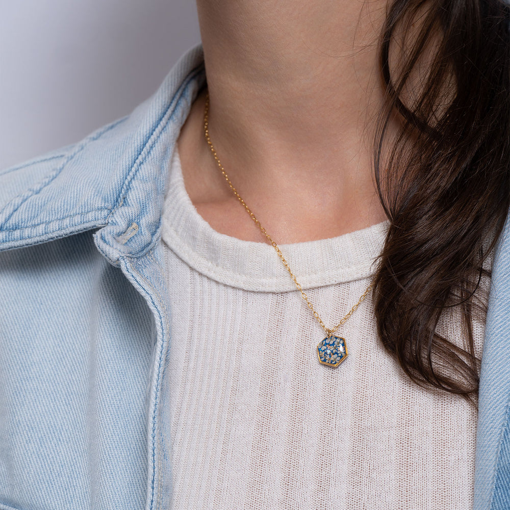 
                      
                        Delicate Hexagon Flower Blue Necklace
                      
                    