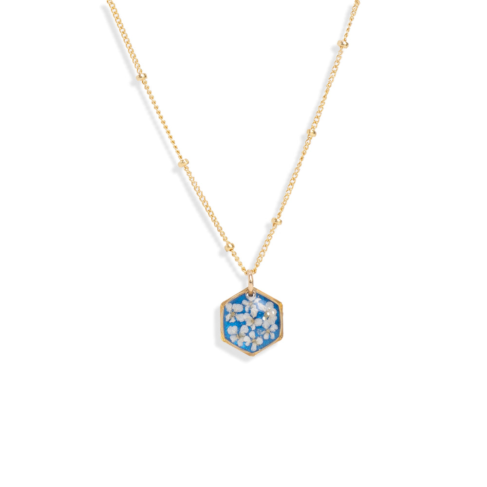 
                      
                        Small Hexagon Flower Blue Necklace
                      
                    