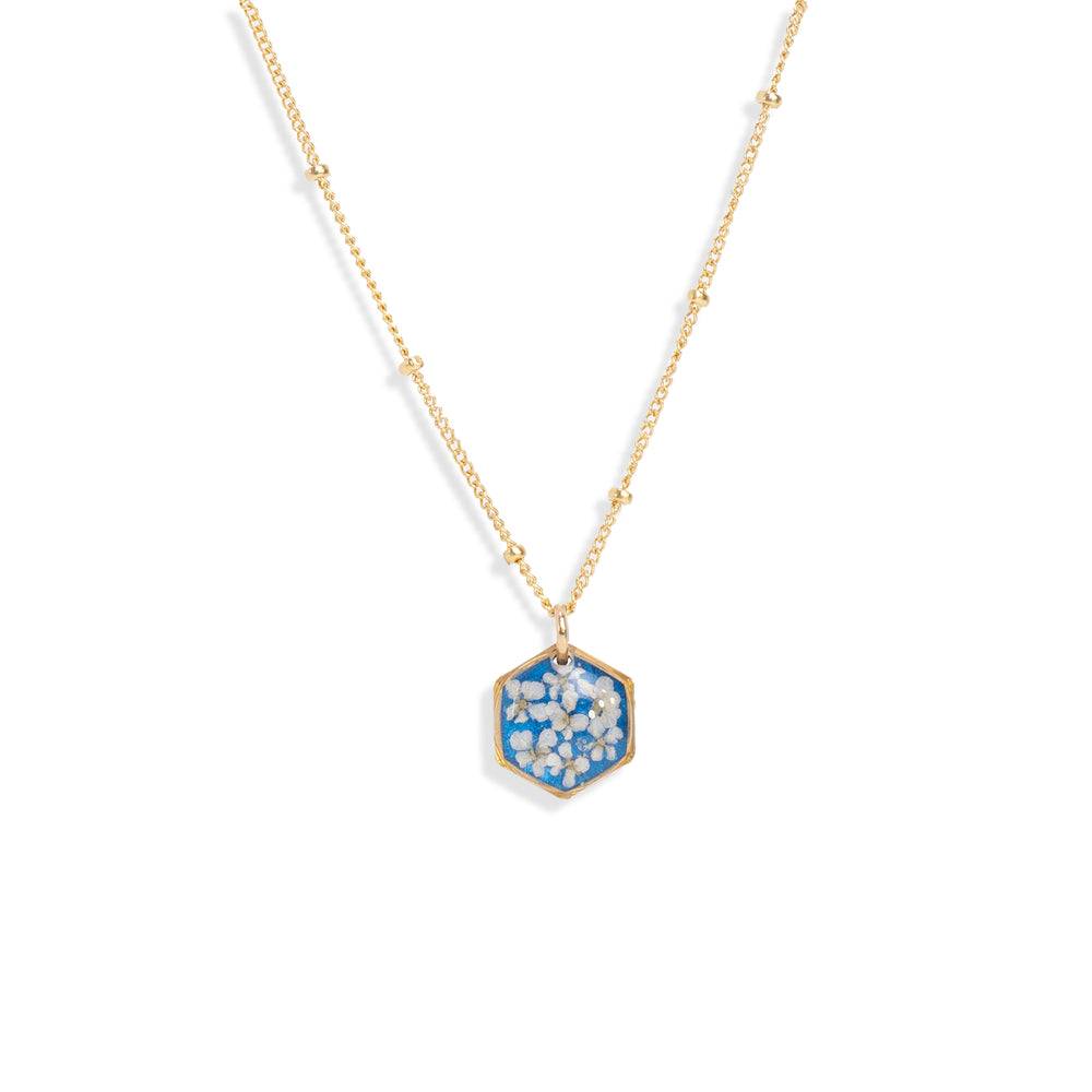 Small Hexagon Flower Blue Necklace