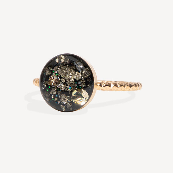 Handcrafted Galaxy ring with gemstones on a gold filled textured band.