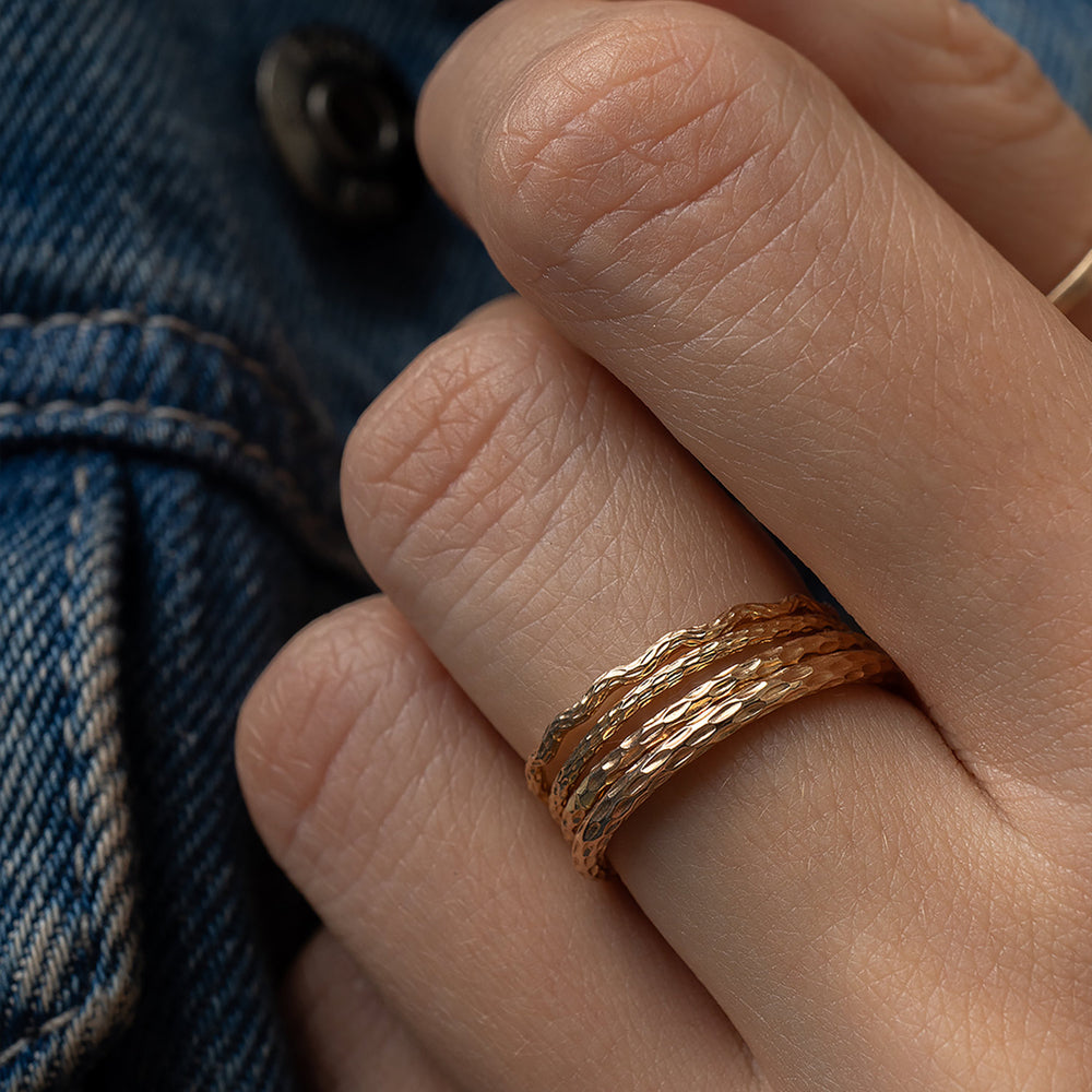 
                      
                        Close-up of a hand wearing a gold ring set with denim background
                      
                    
