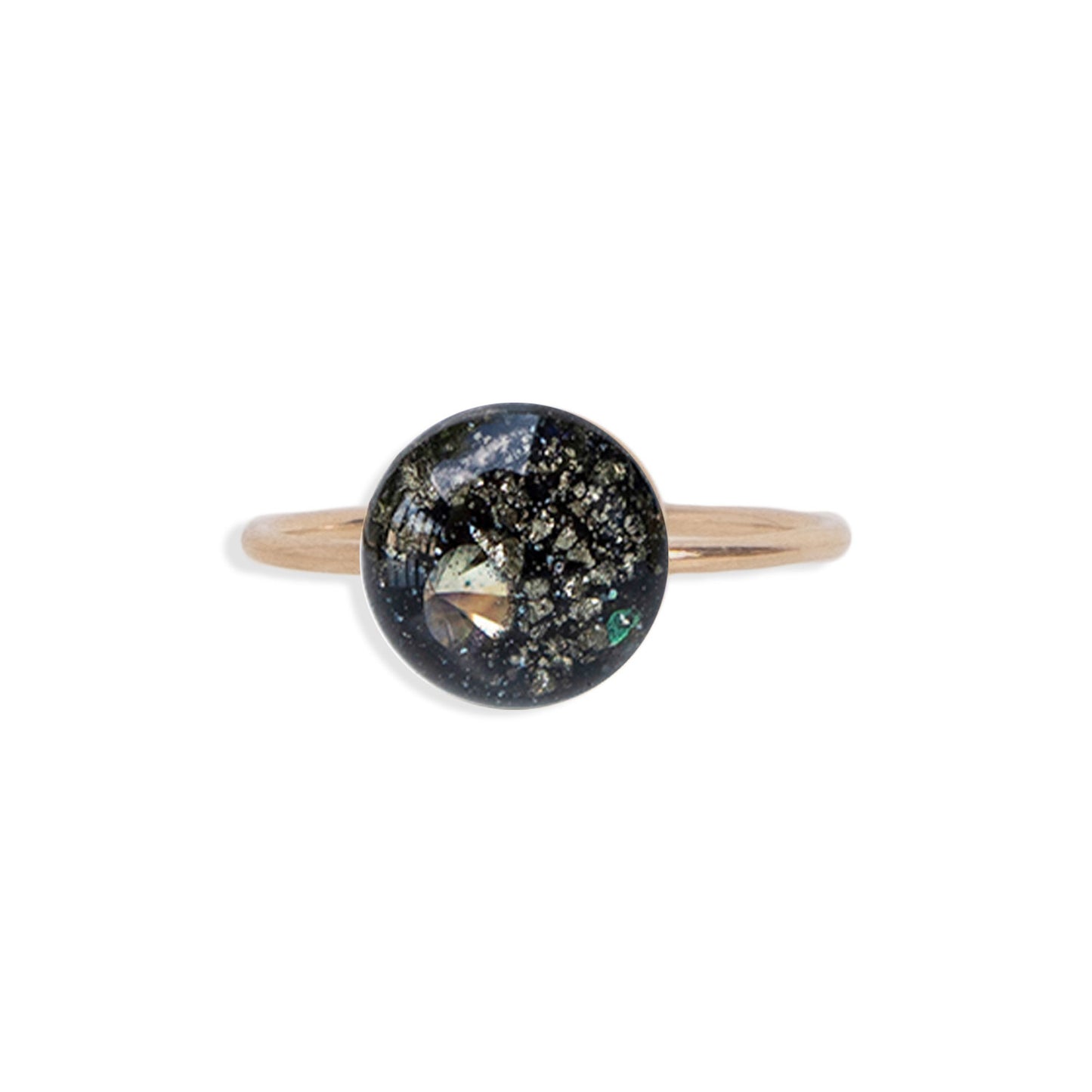 
                  
                    Perfect for every day Galaxy ring with crushed stones is inspired by the pure and authentic energy of the universe — hypnotizing night-sky beauty that sets the mind free to discover all mysteries of the soul. This ring features glass-like crystal with crushed Pyrite stone, Swarovski crystals and pigments inside. 
                  
                