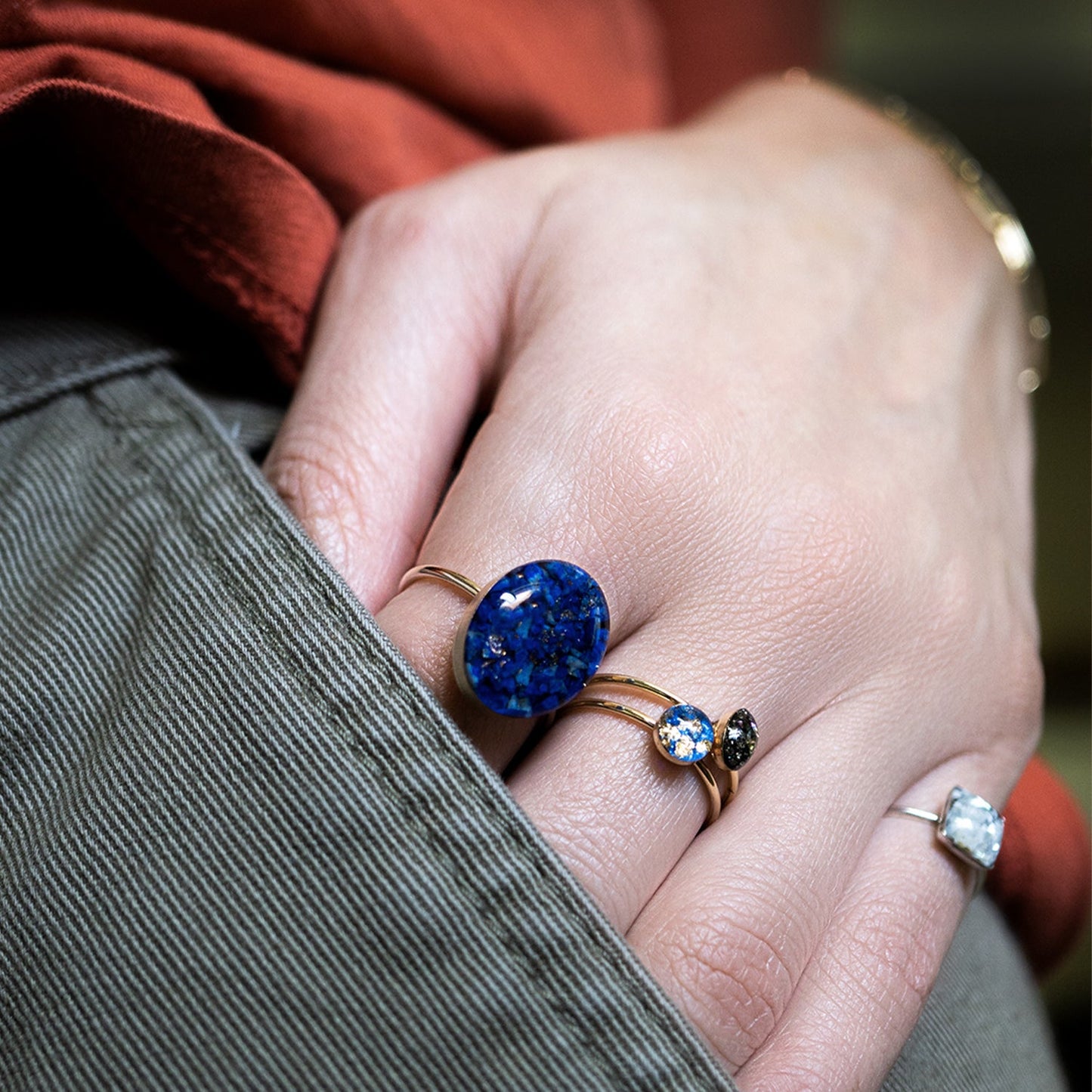 
                  
                    Statement Oval ring with mixed crushed lapis stones set in 14k gold filled
                  
                