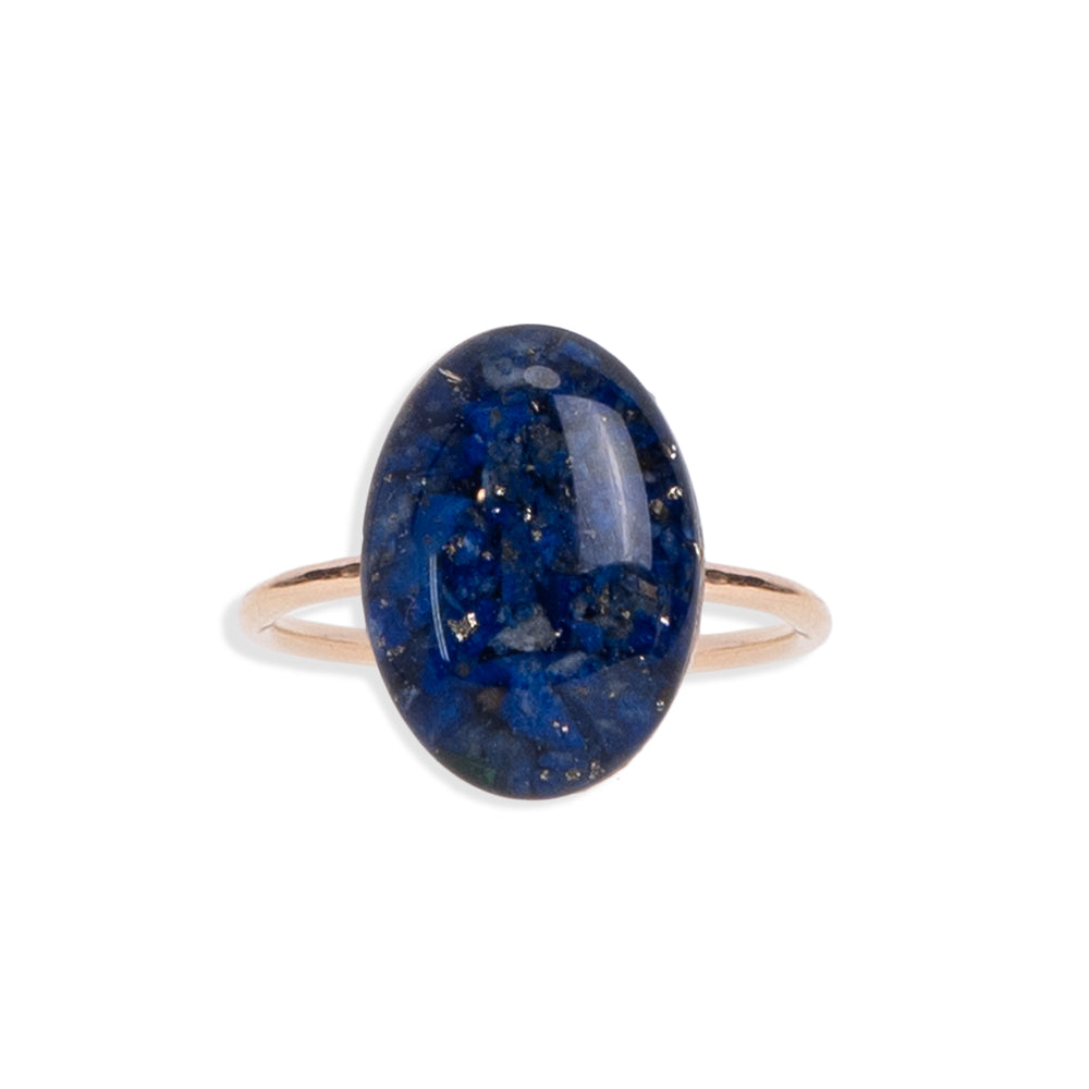 
                      
                        Statement Oval ring with mixed crushed lapis stones set in 14k gold filled
                      
                    