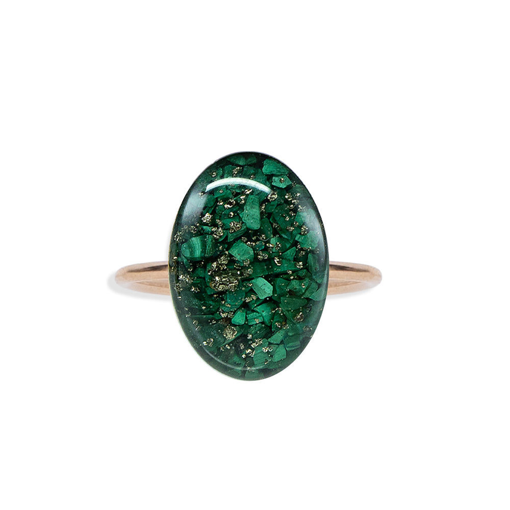 
                  
                    Statement Oval ring with mixed crushed malachite stones set in 14k gold filled
                  
                