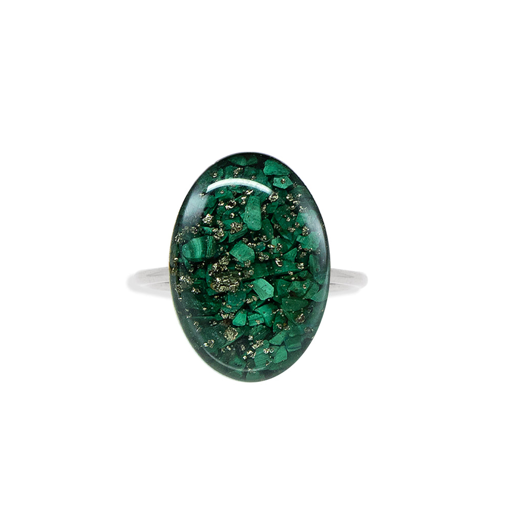 
                      
                        Statement Oval ring with mixed crushed malachite stones set in sterling silver
                      
                    