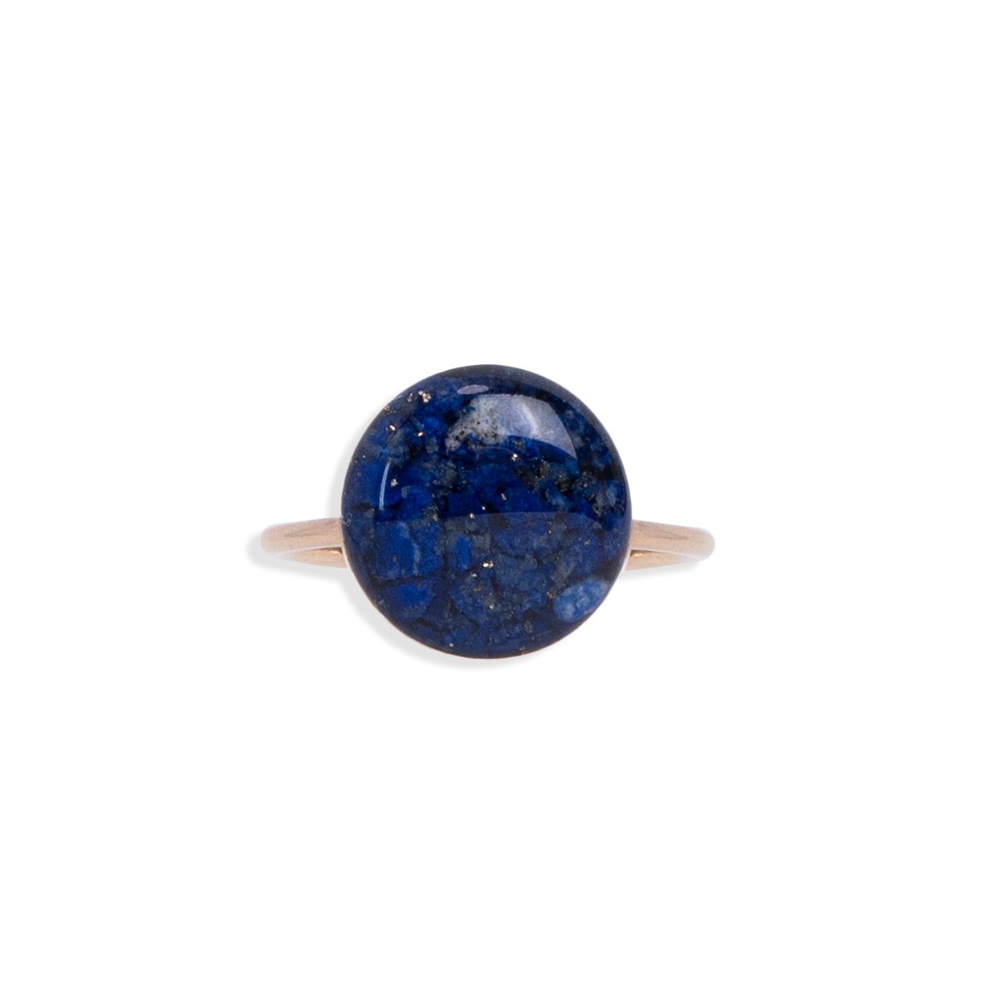 
                  
                    Deep navy blue statement adorable rings with tiny real Lapis Lazuli stone pieces captured in glass like resin in a 12mm round shape.
                  
                