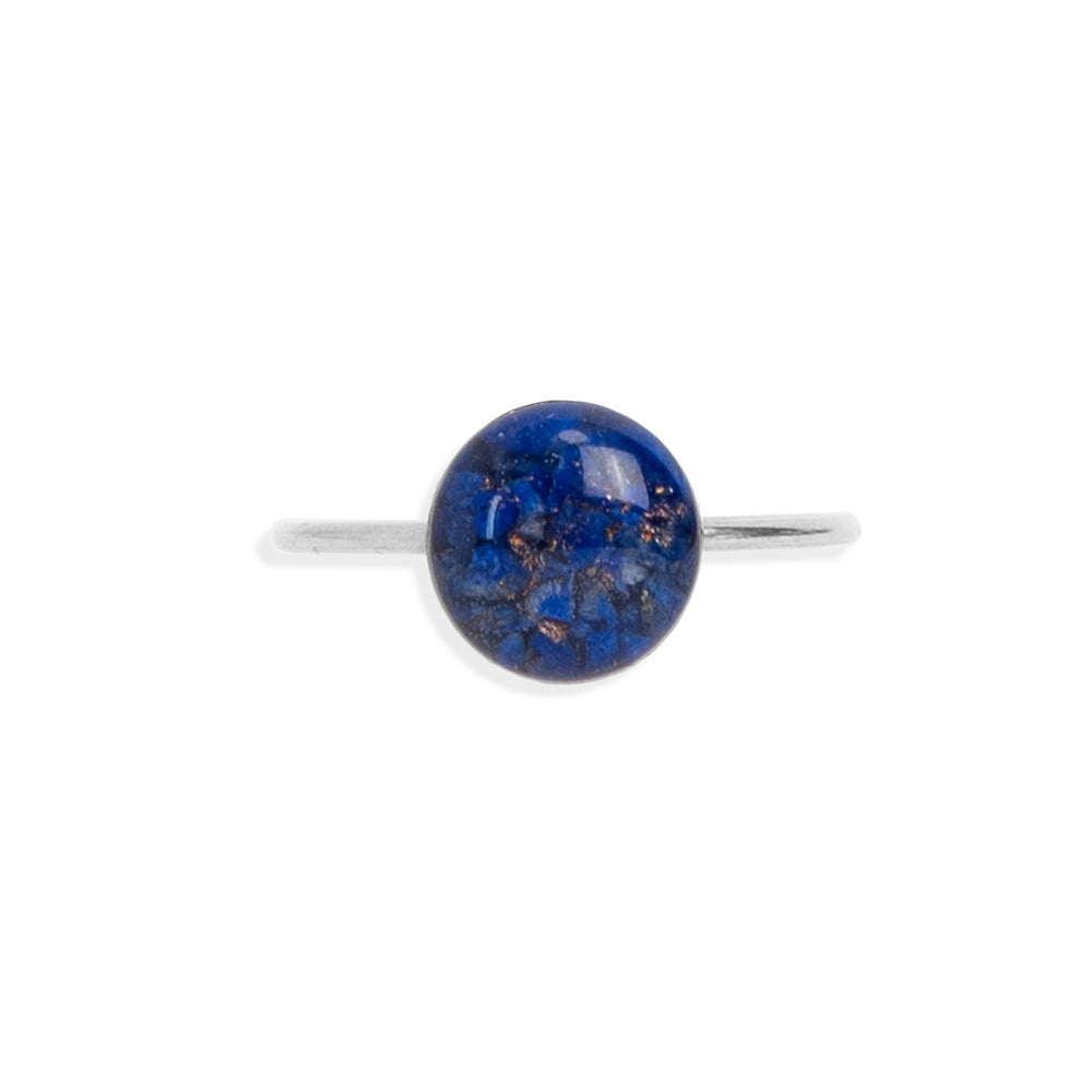 
                  
                    Dainty adorable rings with tiny real Lapis Lazuli stone pieces captured in glass like resin in a 8mm round shape. 
                  
                