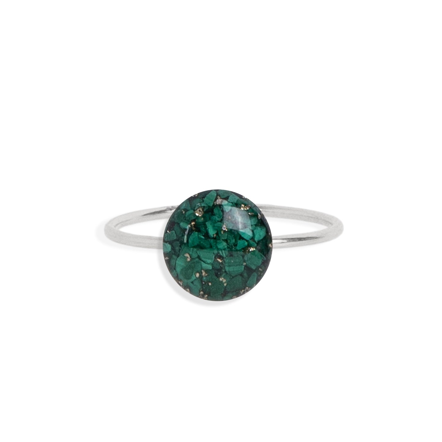 
                  
                    Delicate green ring with tiny Malachite stone pieces captured in glass like resin in a 8mm round shape. Bright natural green ring is a perfect compliment to your everyday style. 
                  
                