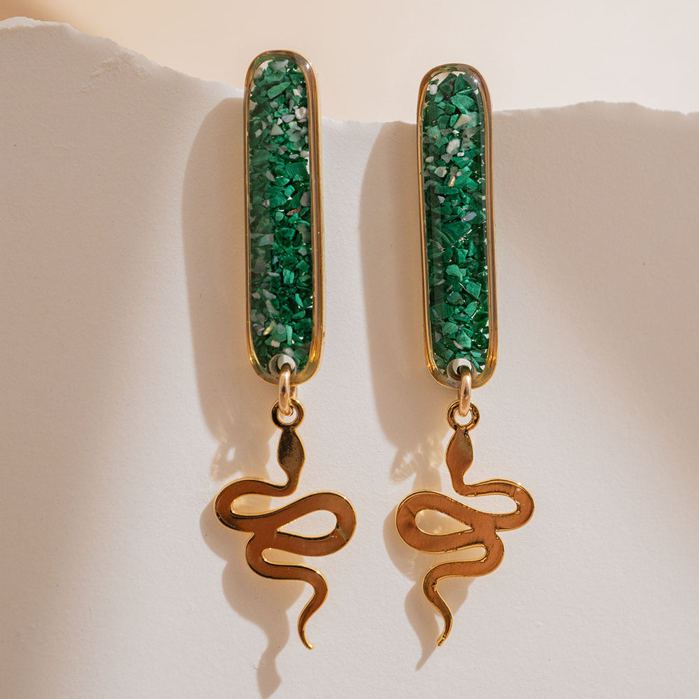 Green Gemstone Snake Dangle Earrings