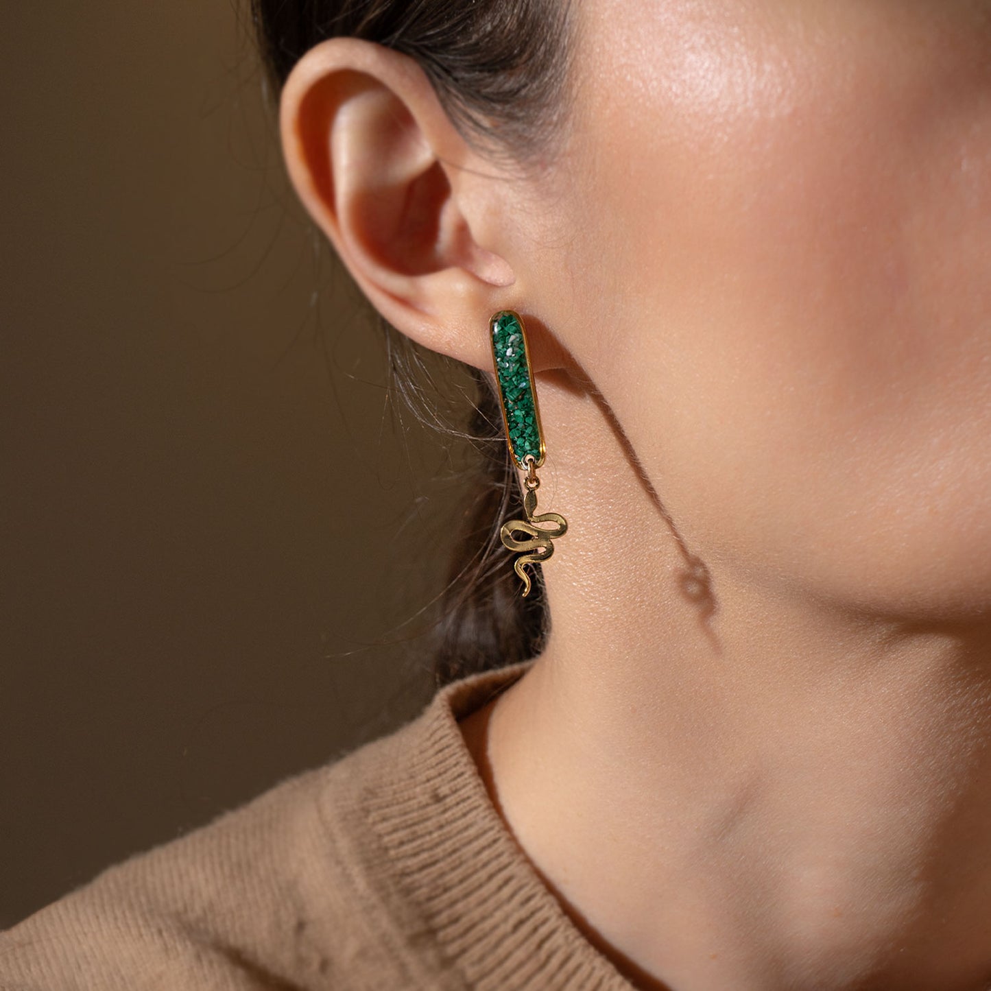 Green Gemstone Snake Dangle Earrings