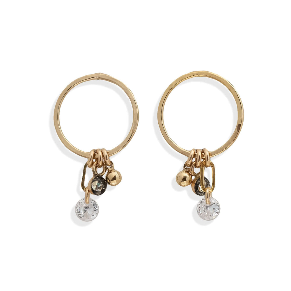 Handcrafted gold-filled charm hoop stud earrings with decorative charm accents by Kate Koel