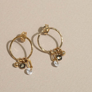 Handcrafted gold-filled charm hoop stud earrings with decorative charm accents by Kate Koel